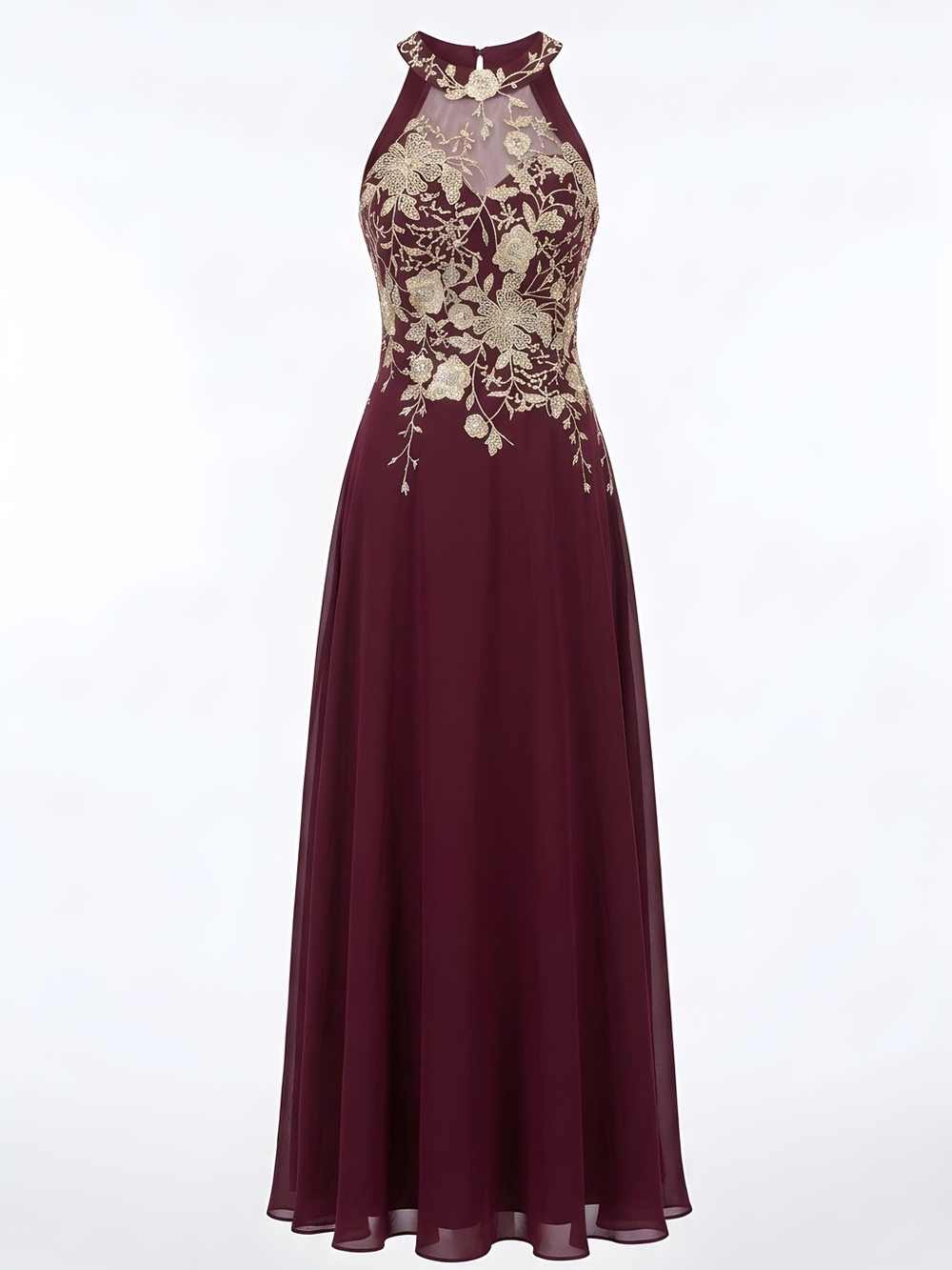 Betsy & Adam Wine Halter Gown with Gold Floral Appliqué